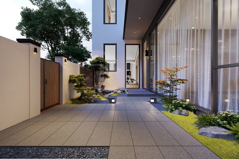 独栋住宅庭院水景与入户路径效果图