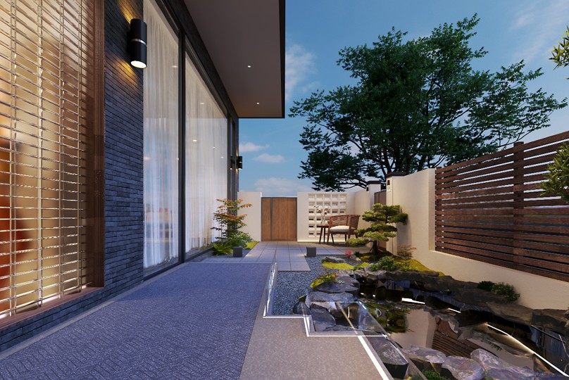 独栋住宅庭院入口与植物景观效果图