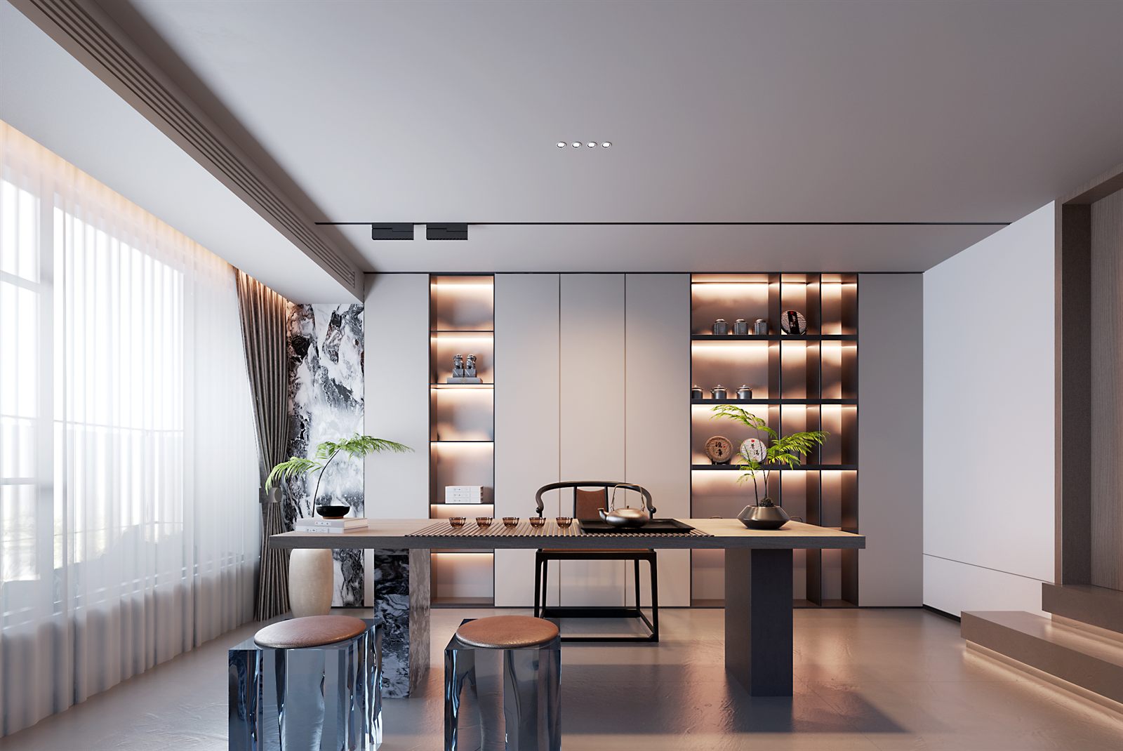 现代木色住宅茶区与展示柜图