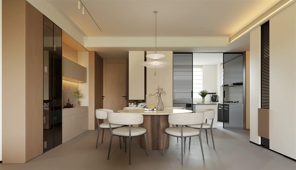 自然木色住宅餐厅与厨房关系图